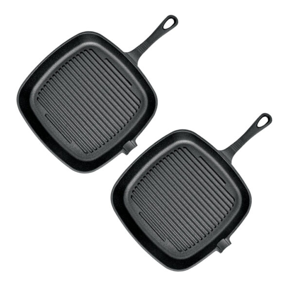 2X 23.5cm Square Ribbed Cast Iron Frying Pan Skillet Steak Sizzle Platter with Handle