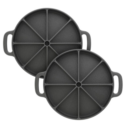 2X 21.5CM Round Cast Iron Baking Wedge Pan Cornbread Cake 8-Slice Baking Dish with Handle