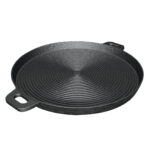 35cm Round Ribbed Cast Iron Frying Pan Skillet Steak Sizzle Platter with Handle