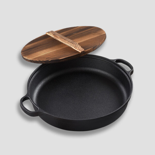 31cm Round Cast Iron Pre-seasoned Deep Baking Pizza Frying Pan Skillet with Wooden Lid