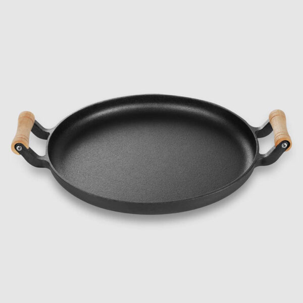 2X 35cm Cast Iron Frying Pan Skillet Steak Sizzle Fry Platter With Wooden Handle No Lid