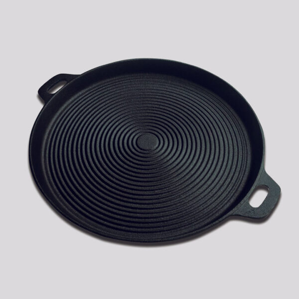 35cm Round Ribbed Cast Iron Frying Pan Skillet Steak Sizzle Platter with Handle