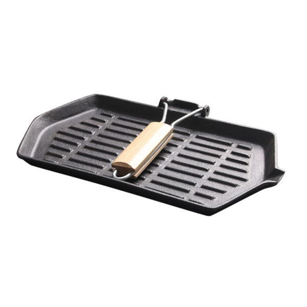 2X Rectangular Cast Iron Griddle Grill Frying Pan with Folding Wooden Handle