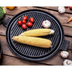 2X 43cm Round Ribbed Cast Iron Frying Pan Skillet Steak Sizzle Platter with Handle