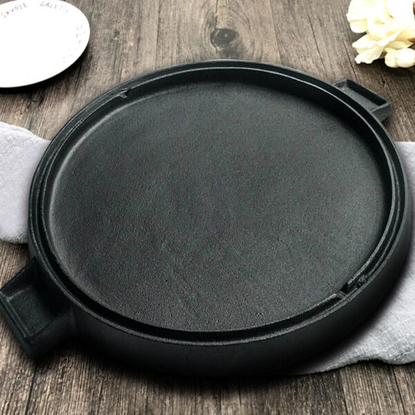 43cm Round Ribbed Cast Iron Frying Pan Skillet Steak Sizzle Platter with Handle