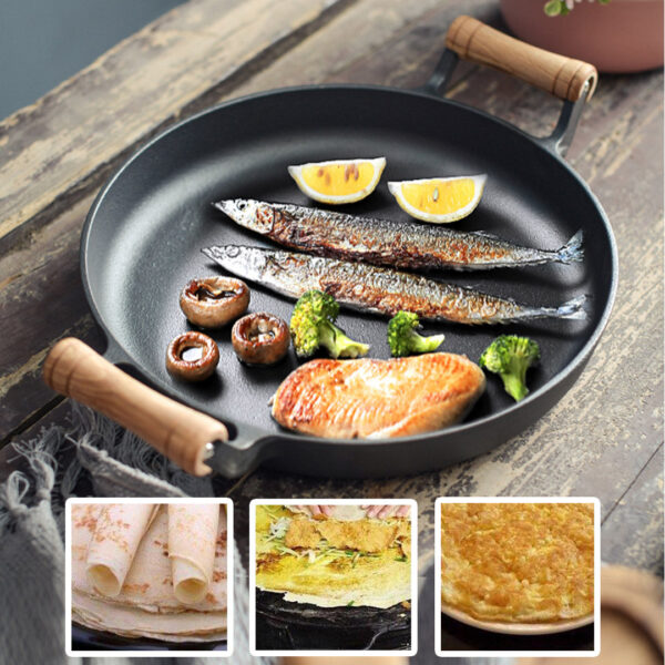 31cm Cast Iron Frying Pan Skillet Steak Sizzle Fry Platter With Wooden Handle No Lid