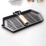 Rectangular Cast Iron Griddle Grill Frying Pan with Folding Wooden Handle