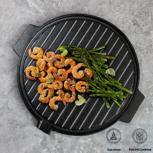 30CM Round Cast Iron Korean BBQ Grill Plate with Handles and Drip Lip