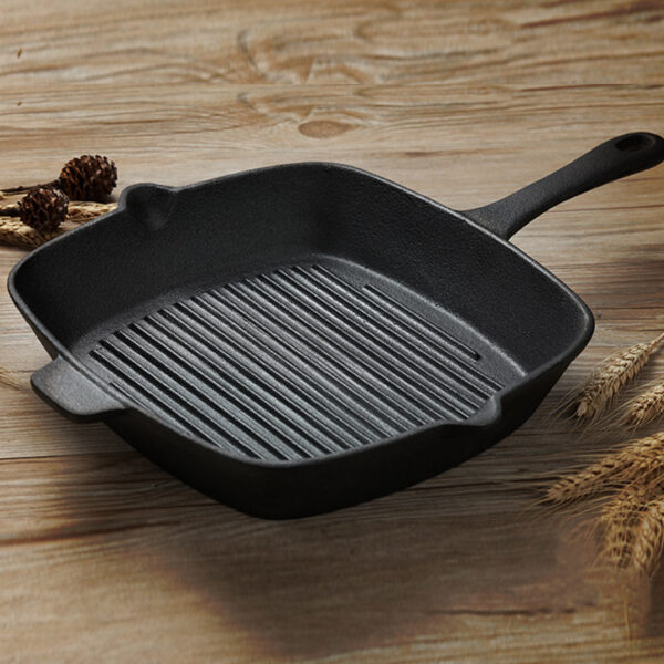 2X 26cm Square Ribbed Cast Iron Frying Pan Skillet Steak Sizzle Platter with Handle