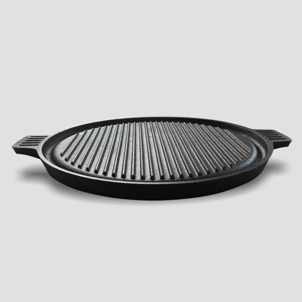 2X 43cm Round Ribbed Cast Iron Frying Pan Skillet Steak Sizzle Platter with Handle