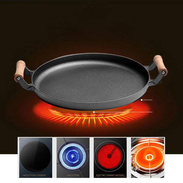 31cm Cast Iron Frying Pan Skillet Steak Sizzle Fry Platter With Wooden Handle No Lid