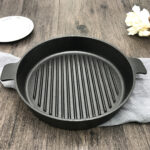 26cm Round Ribbed Cast Iron Frying Pan Skillet Steak Sizzle Platter with Handle