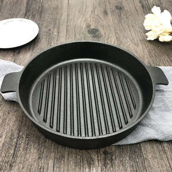 2X 25cm Round Ribbed Cast Iron Frying Pan Skillet Steak Sizzle Platter with Handle