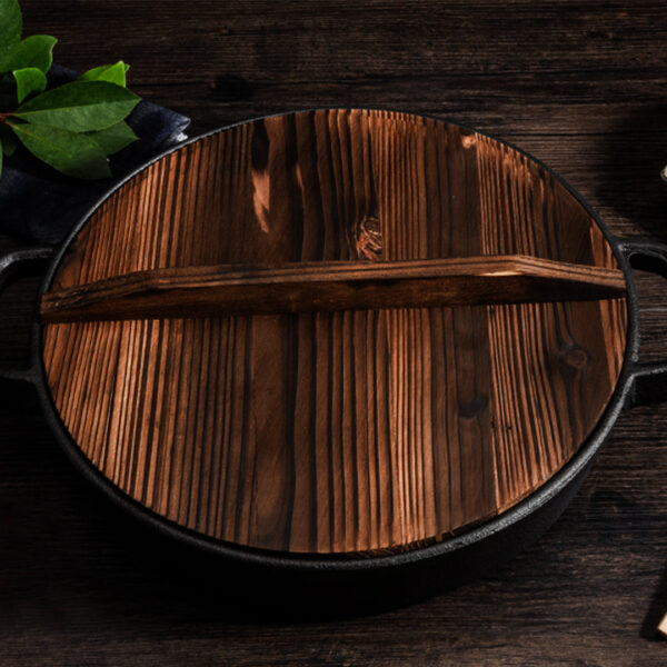 31cm Round Cast Iron Pre-seasoned Deep Baking Pizza Frying Pan Skillet with Wooden Lid