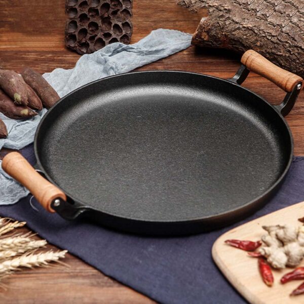 2X 31cm Cast Iron Frying Pan Skillet Steak Sizzle Fry Platter With Wooden Handle No Lid