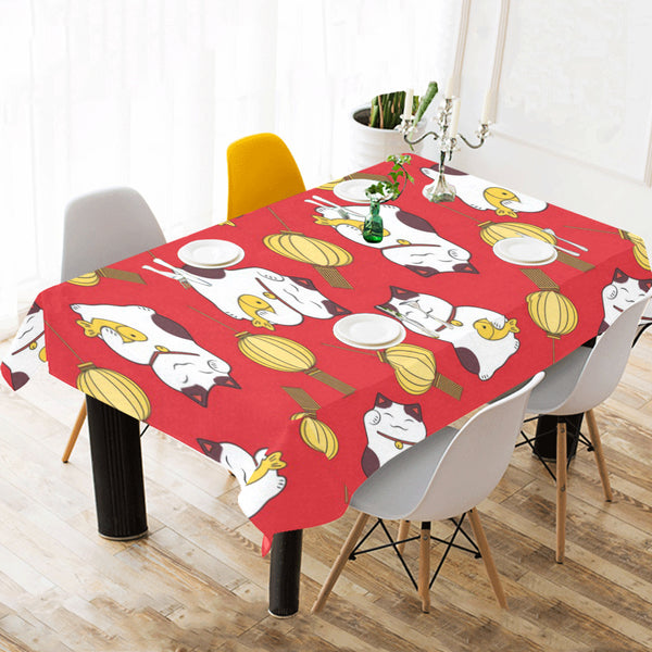 Meneki Neko Lucky Cat Pattern Red Theme Tablecloth - Vilavase