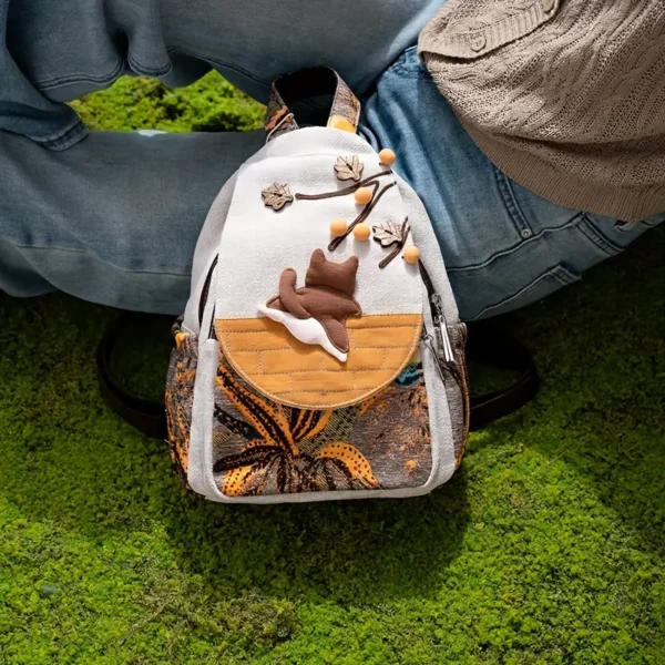 Handcrafted Autumn Leaves & Cat Print Backpack – Fabric Design by Vilavase