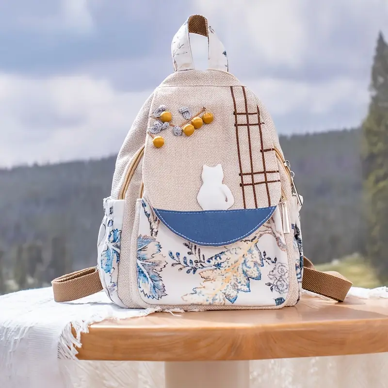 Whimsical Cat & Floral Print Backpack – Fabric Design by Vilavase