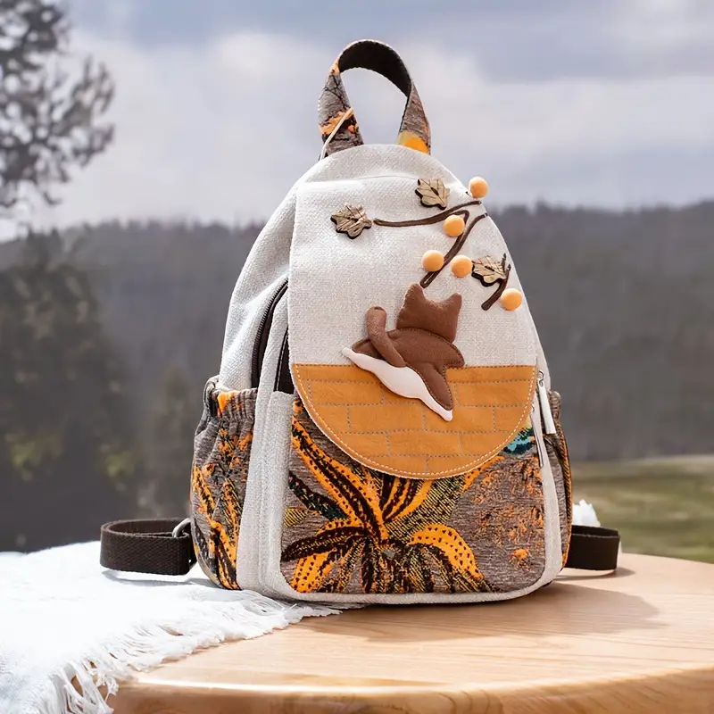 Handcrafted Autumn Leaves & Cat Print Backpack – Fabric Design by Vilavase