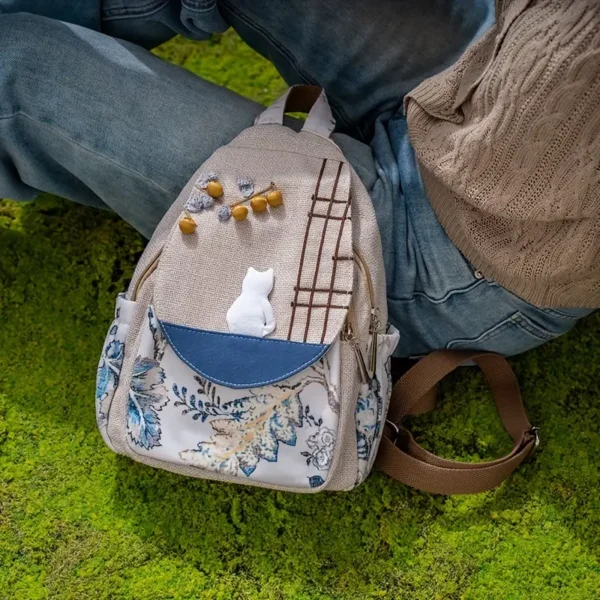 Whimsical Cat & Floral Print Backpack – Fabric Design by Vilavase