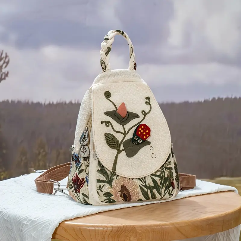 Cottagecore Ladybug Blossom Print Backpack – Fabric Design by Vilavase