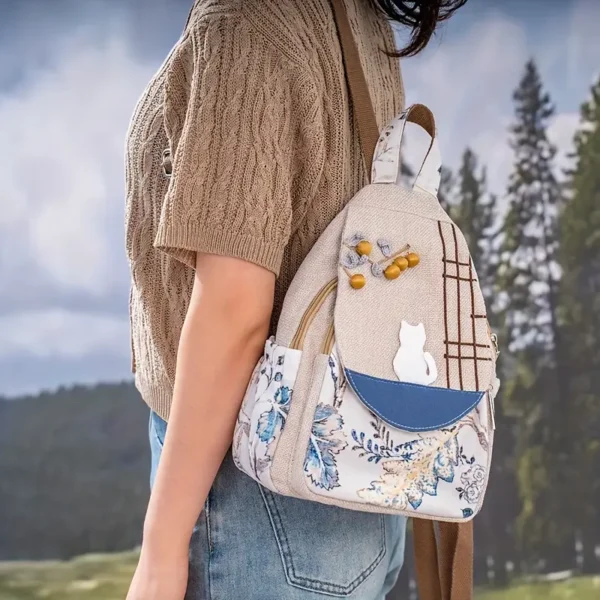 Whimsical Cat & Floral Print Backpack – Fabric Design by Vilavase