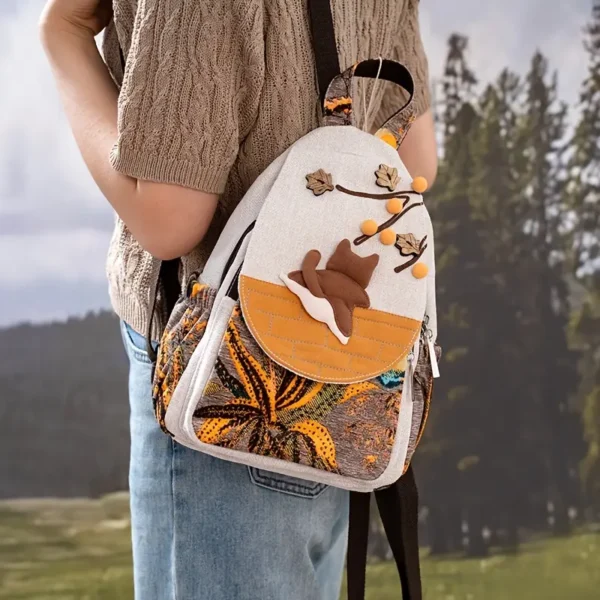 Handcrafted Autumn Leaves & Cat Print Backpack – Fabric Design by Vilavase